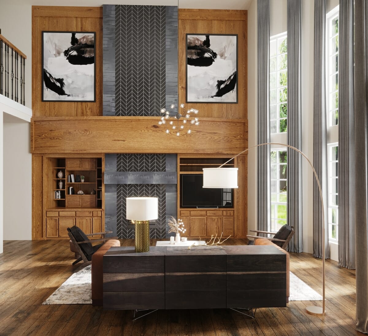Before & After: Contemporary High Ceiling Living Room - Decorilla ...