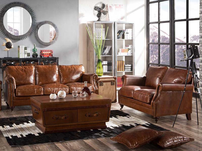 Riveted Antique Leather Sofa 2S