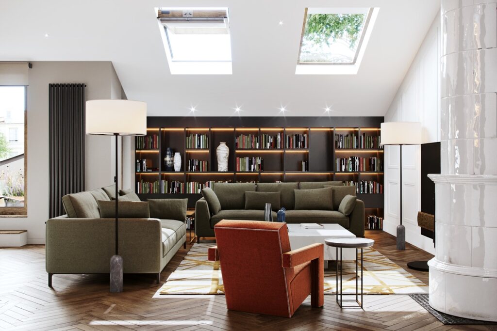 contemporary living room with skylights | Interior Design Ideas