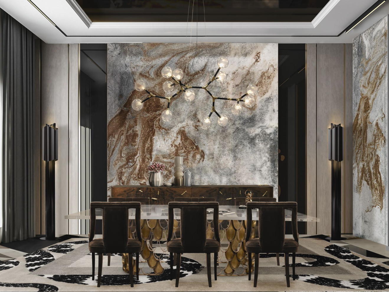 Earthy Tones Dining Room With Unique Rug - Home's Society