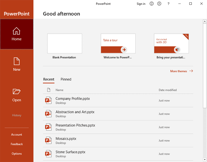 Interface in PowerPoint 2019 for Windows