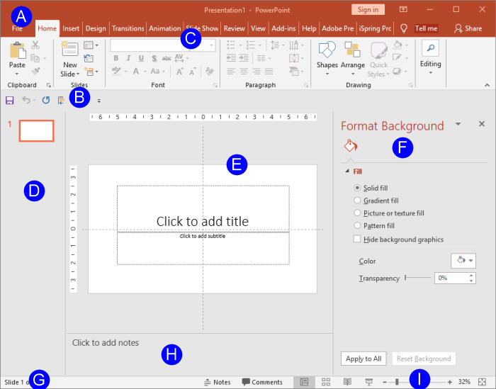 Interface in PowerPoint 2019 for Windows