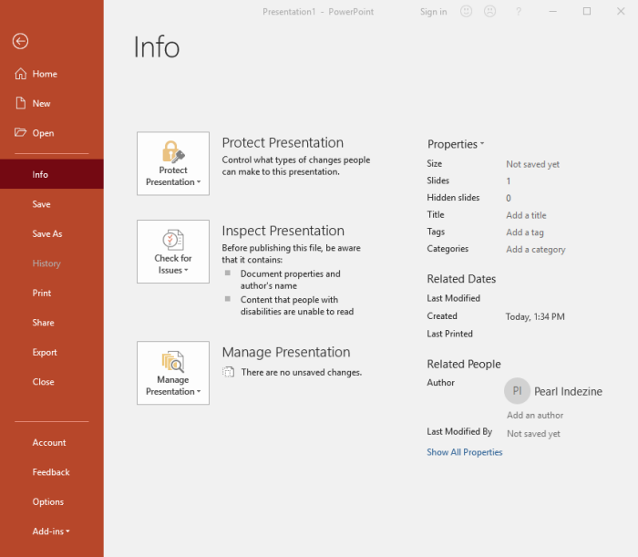 Interface in PowerPoint 2019 for Windows