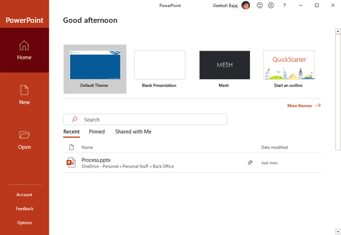 Interface in PowerPoint 365 for Windows