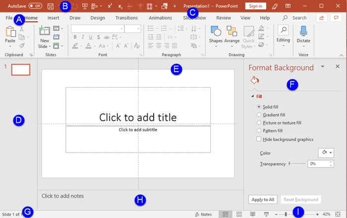Interface in PowerPoint 365 for Windows