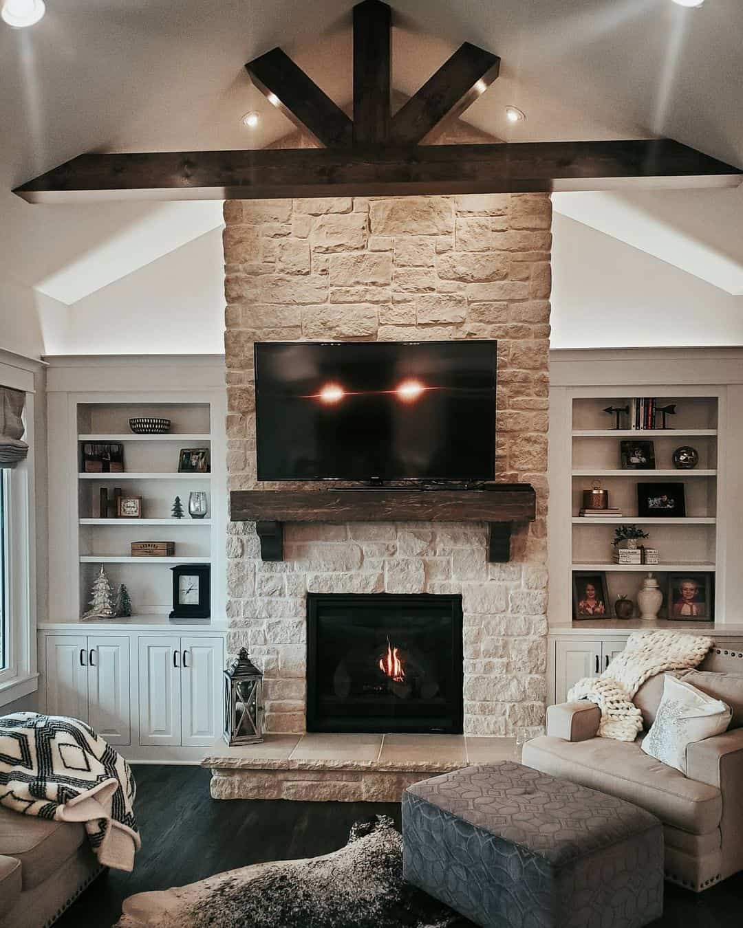 Vaulted Ceiling and Stone Fireplace Living Room - Soul & Lane