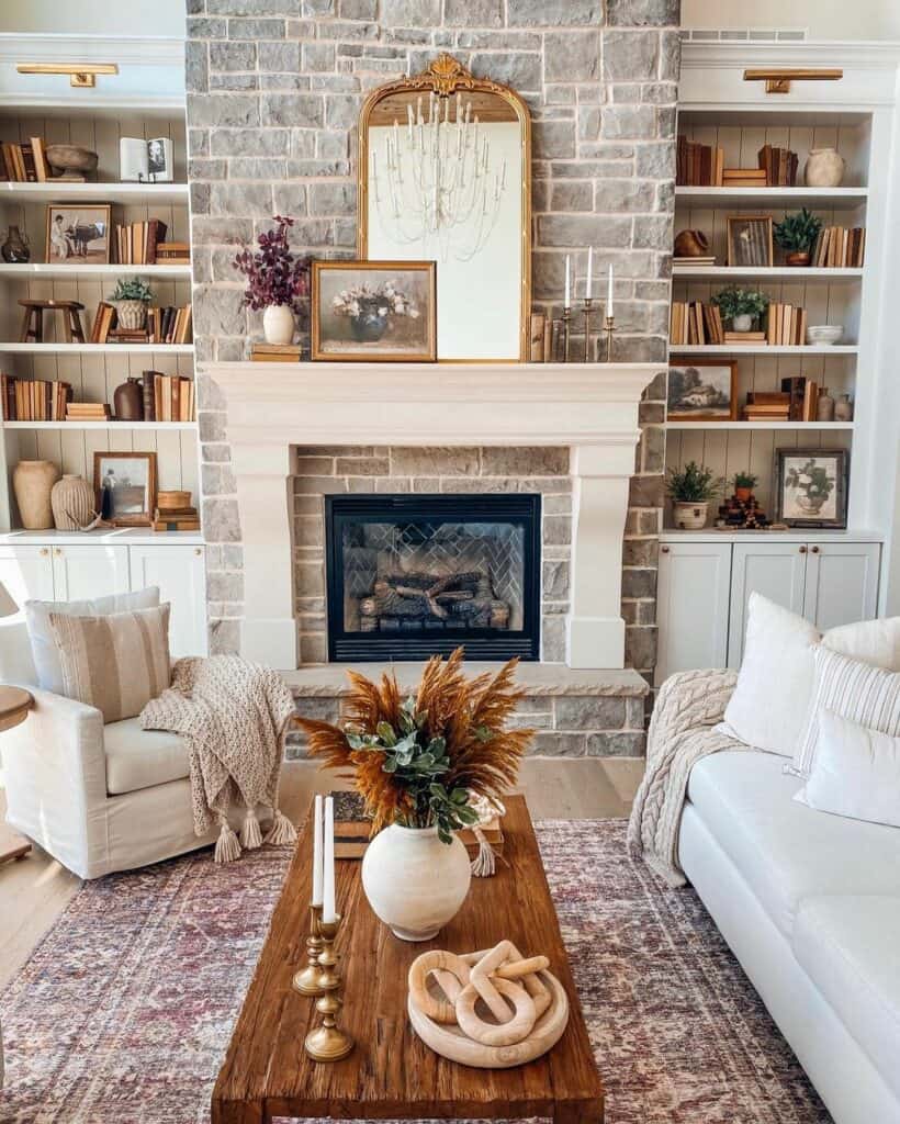 Living Room with Natural Tones and a Stone Fireplace - Soul & Lane