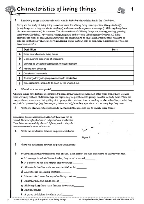 Characteristics Of Living Things Worksheets